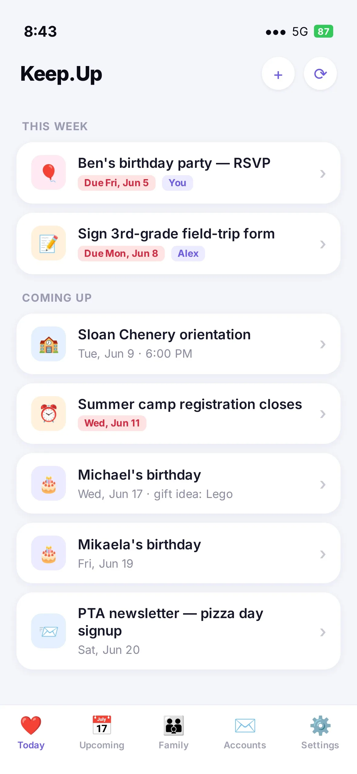 Keep.Up iOS app showing a family's upcoming week: RSVPs, school forms, birthdays, and camp registration deadlines, each tagged with a due date and family member.
