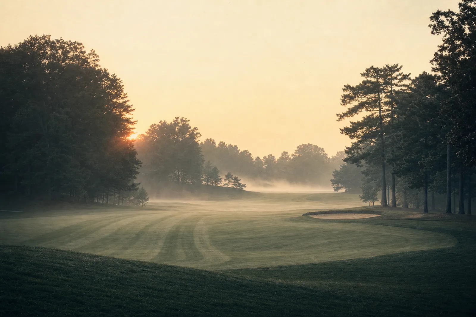 Empty golf course fairway at dawn with low mist over mown grass and a silhouetted tree line.